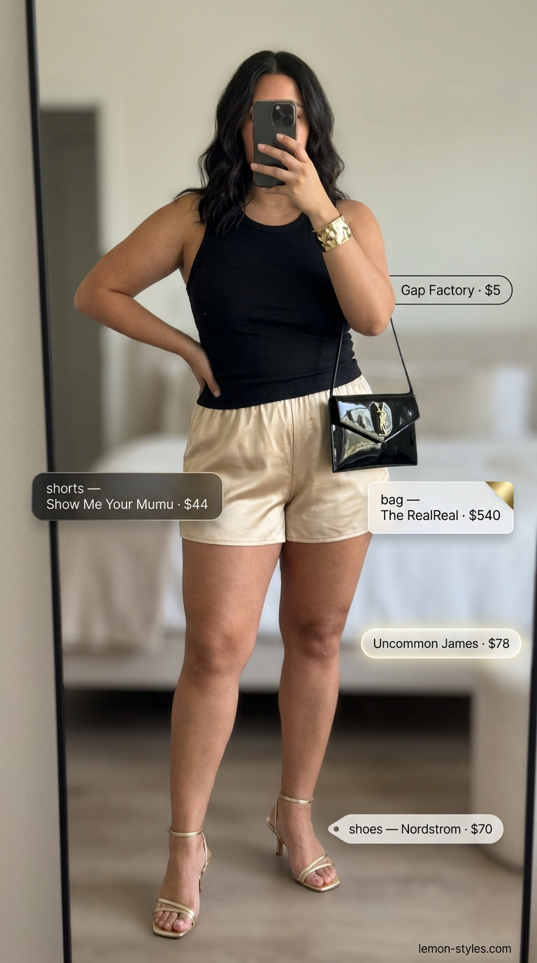 Golden Hour Glow outfit: gold satin shorts, black ribbed tank, metallic heels, clutch. What to wear with satin shorts summer 2026.