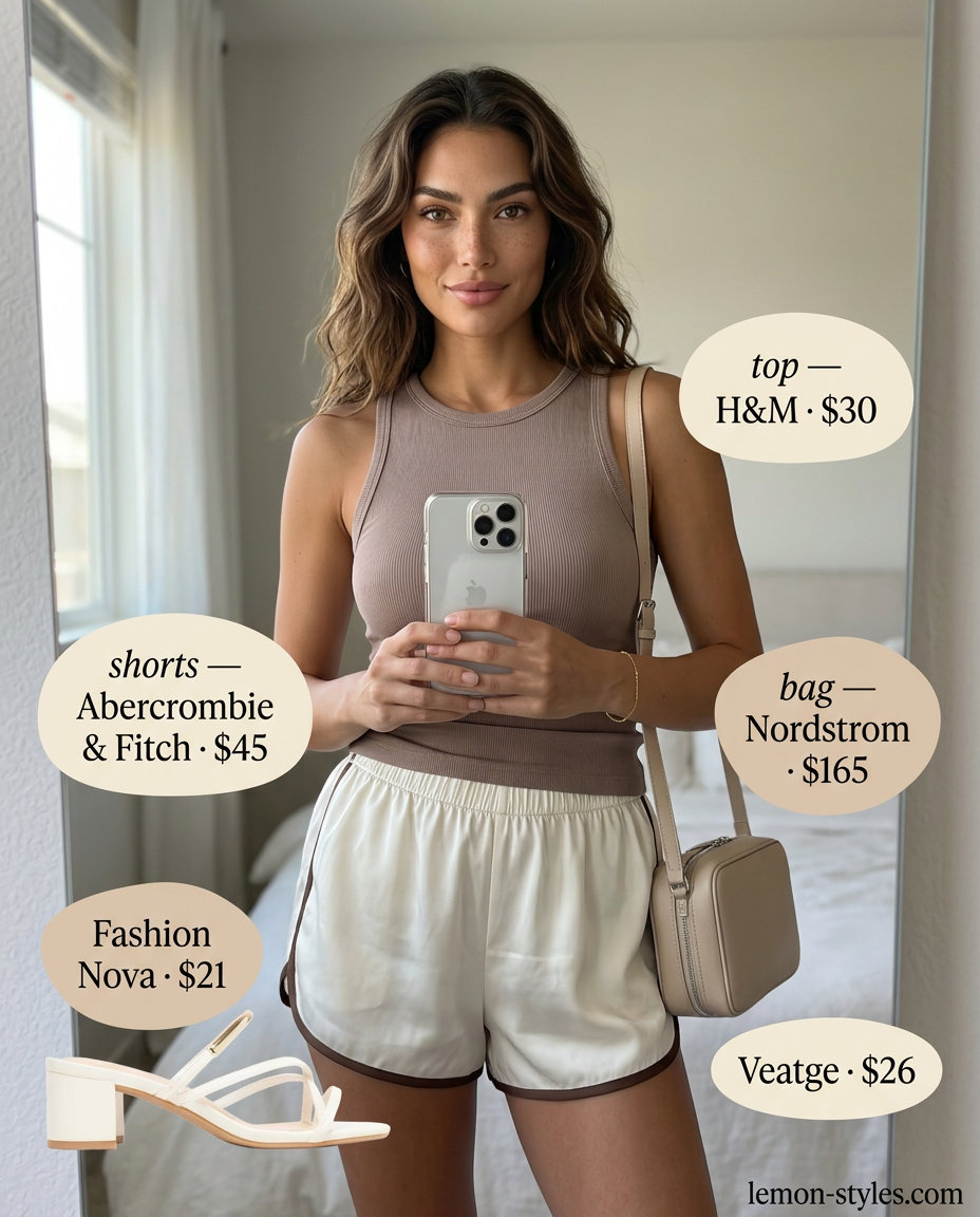 What to Wear with Satin Shorts Summer 2026: Cream satin shorts, matching knit top, block heels for modern monochrome.