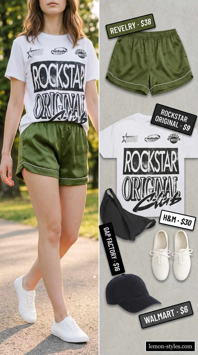 Olive green satin shorts with white graphic tee and sneakers for casual summer evening. What to wear with satin shorts summer 2026.