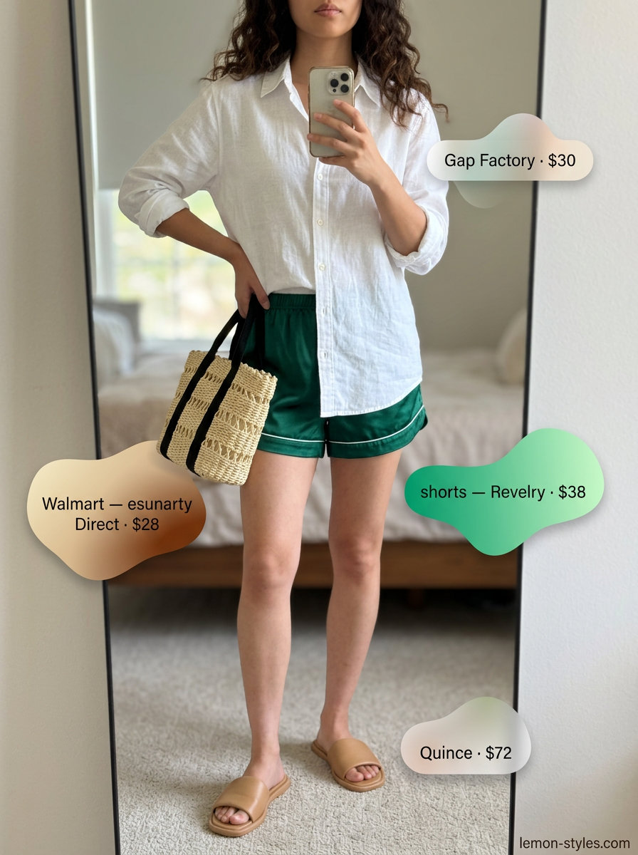What to Wear with Satin Shorts Summer 2026: Emerald green satin shorts, white linen shirt, straw tote for poolside luxe.
