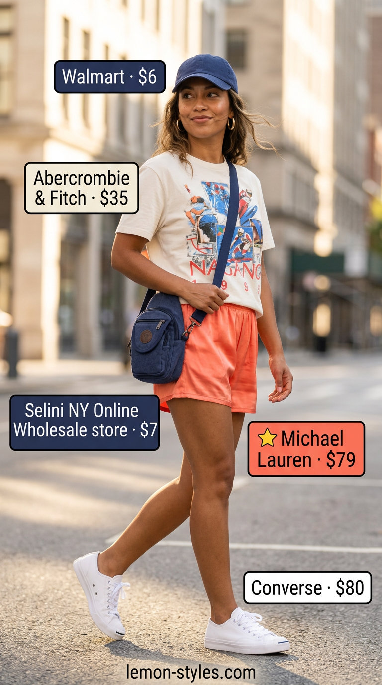 Coral satin athletic shorts with white tee and navy cap for retro sporty chic. What to wear with satin shorts summer 2026.