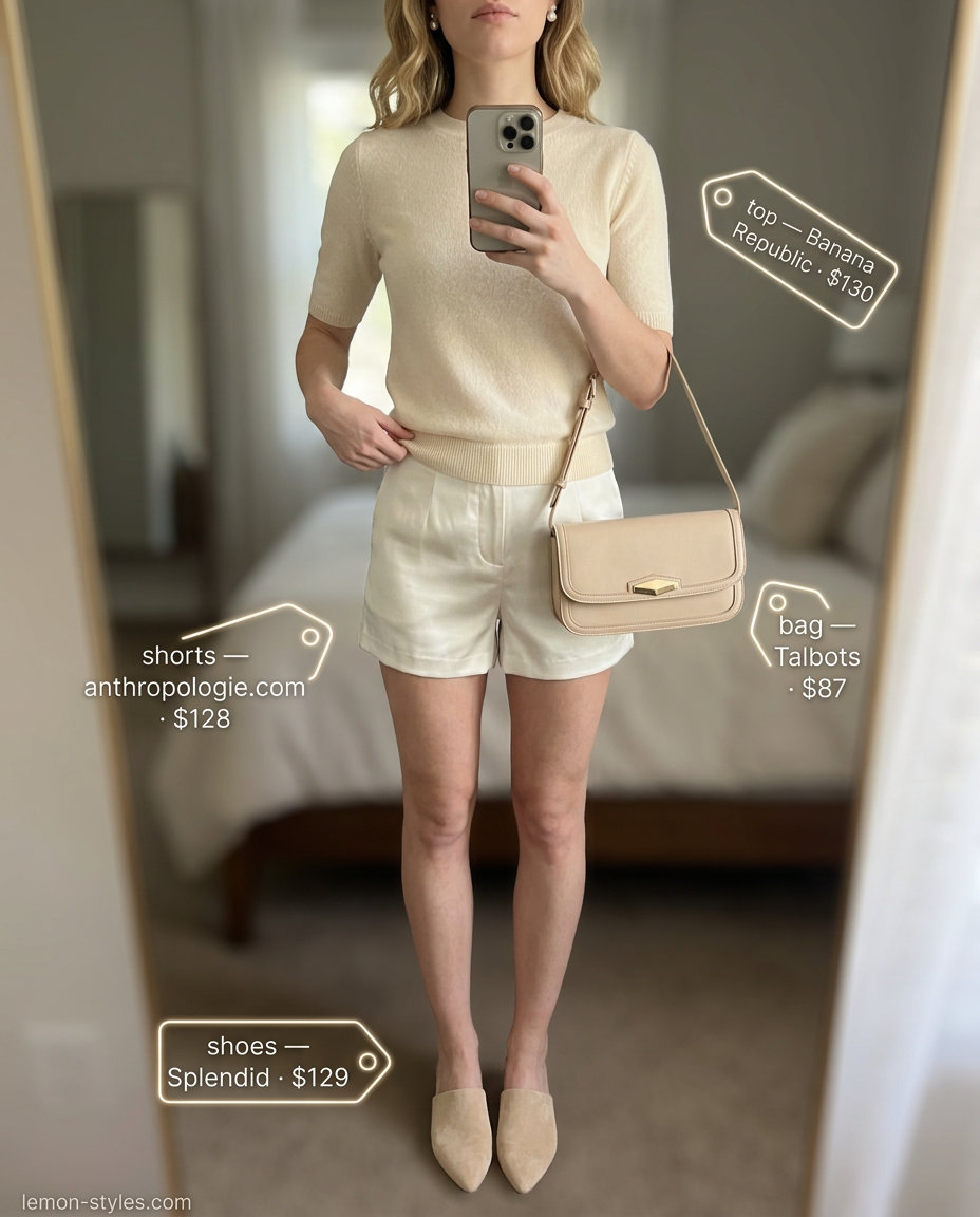 Sophisticated Summer Day outfit: ivory satin shorts, fine-gauge knit top, structured bag, block heel mules. What to wear with satin shorts summer 2026.