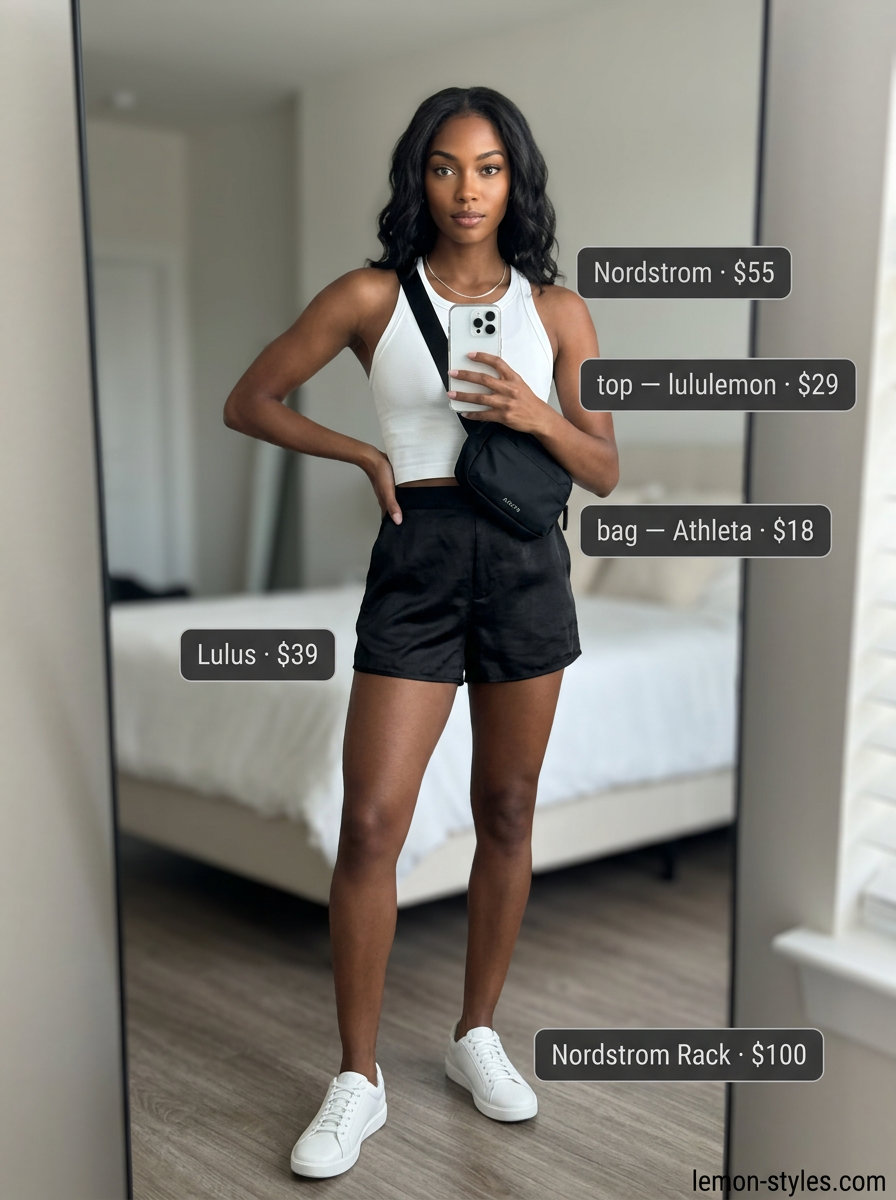 What to Wear with Satin Shorts Summer 2026: Black satin shorts, white athletic tank, sneakers, belt bag for sporty chic.
