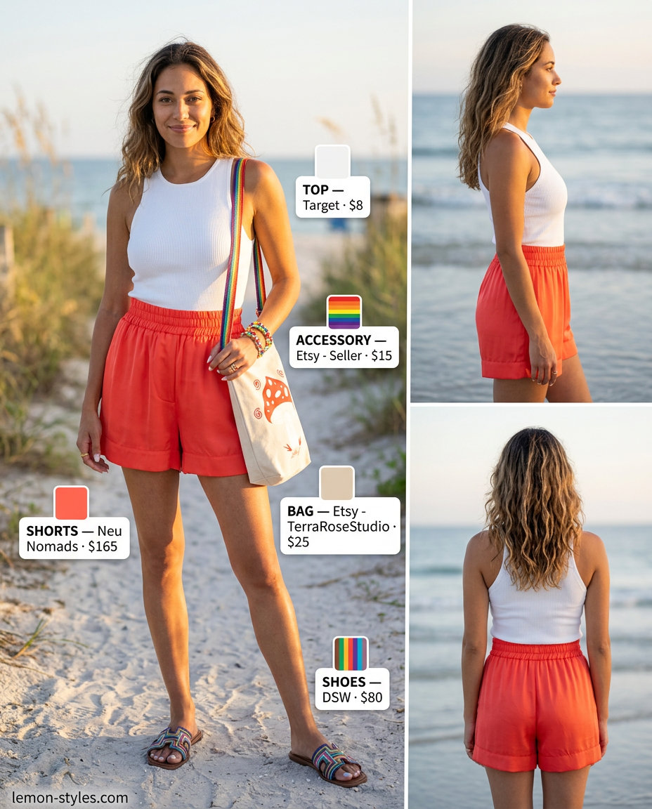 Bright coral satin shorts with white tank and embellished sandals for vacation style. What to wear with satin shorts summer 2026.