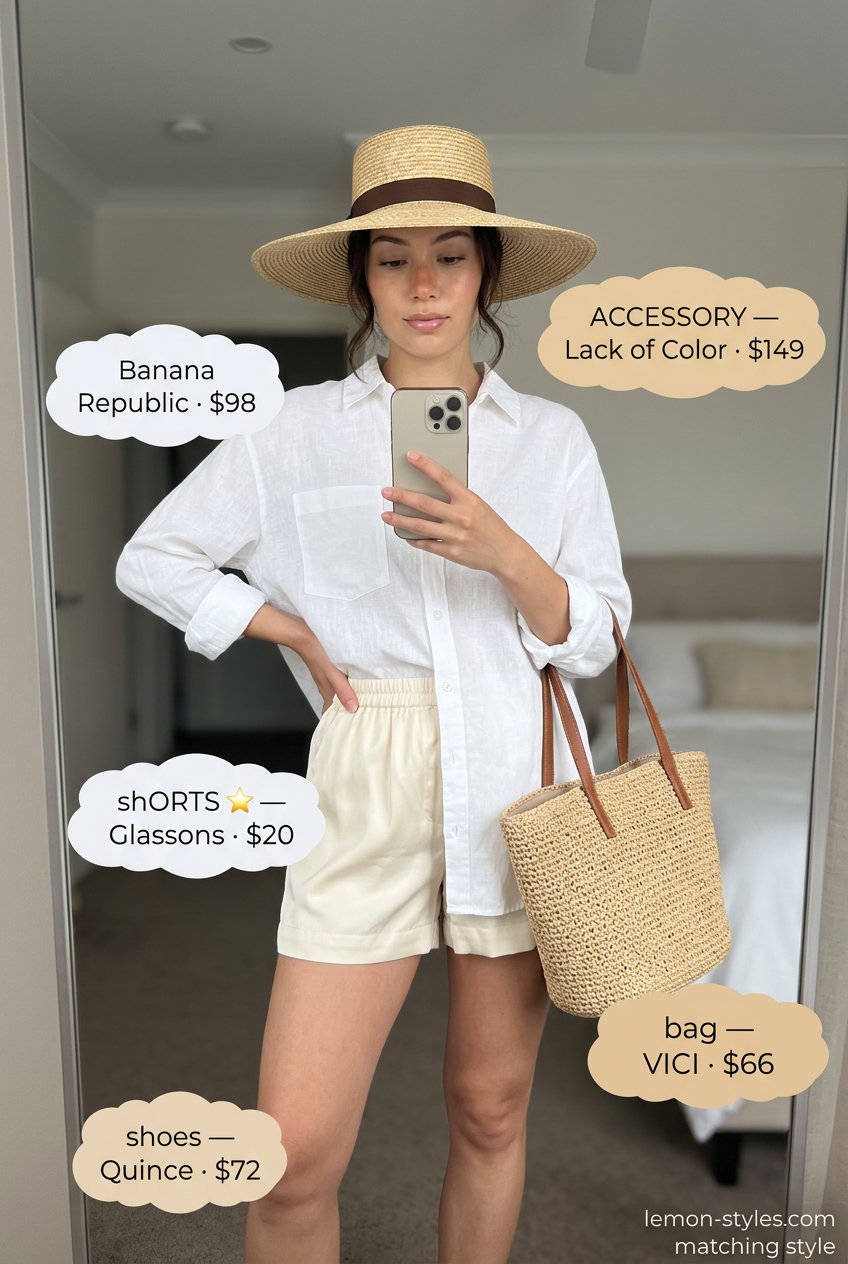 What to Wear with Satin Shorts Summer 2026: Tan linen blend shorts, oversized white linen shirt, straw hat & slides for vacation.