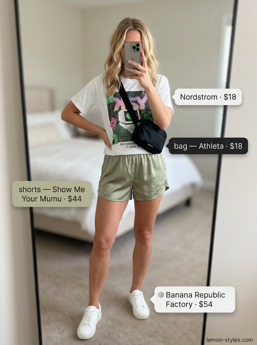 What to Wear with Satin Shorts Summer 2026: Olive green satin shorts, graphic tee, sneakers, belt bag for weekend casual.