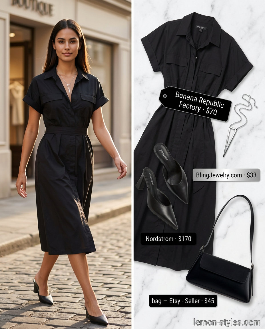 Black minimalist shirt dress outfit for evening 2026 with silver necklace and black mules.