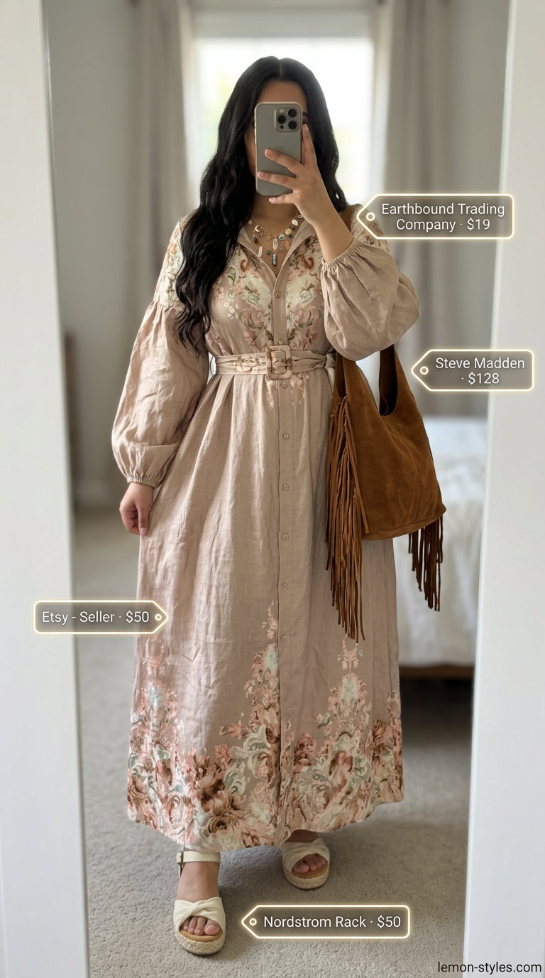 Boho summer shirt dress outfit 2026 with wedge espadrilles, layered necklaces, and slouchy hobo bag.