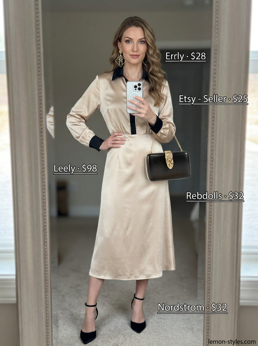 Champagne satin shirt dress outfit for summer 2026 cocktail party with black heels.