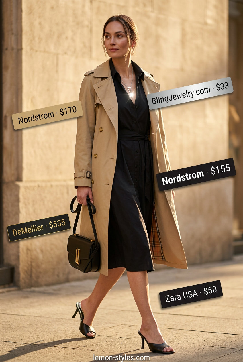 Sophisticated black shirt dress outfit: beige trench coat, leather mules, crossbody bag. What to wear with shirt dress summer 2026.