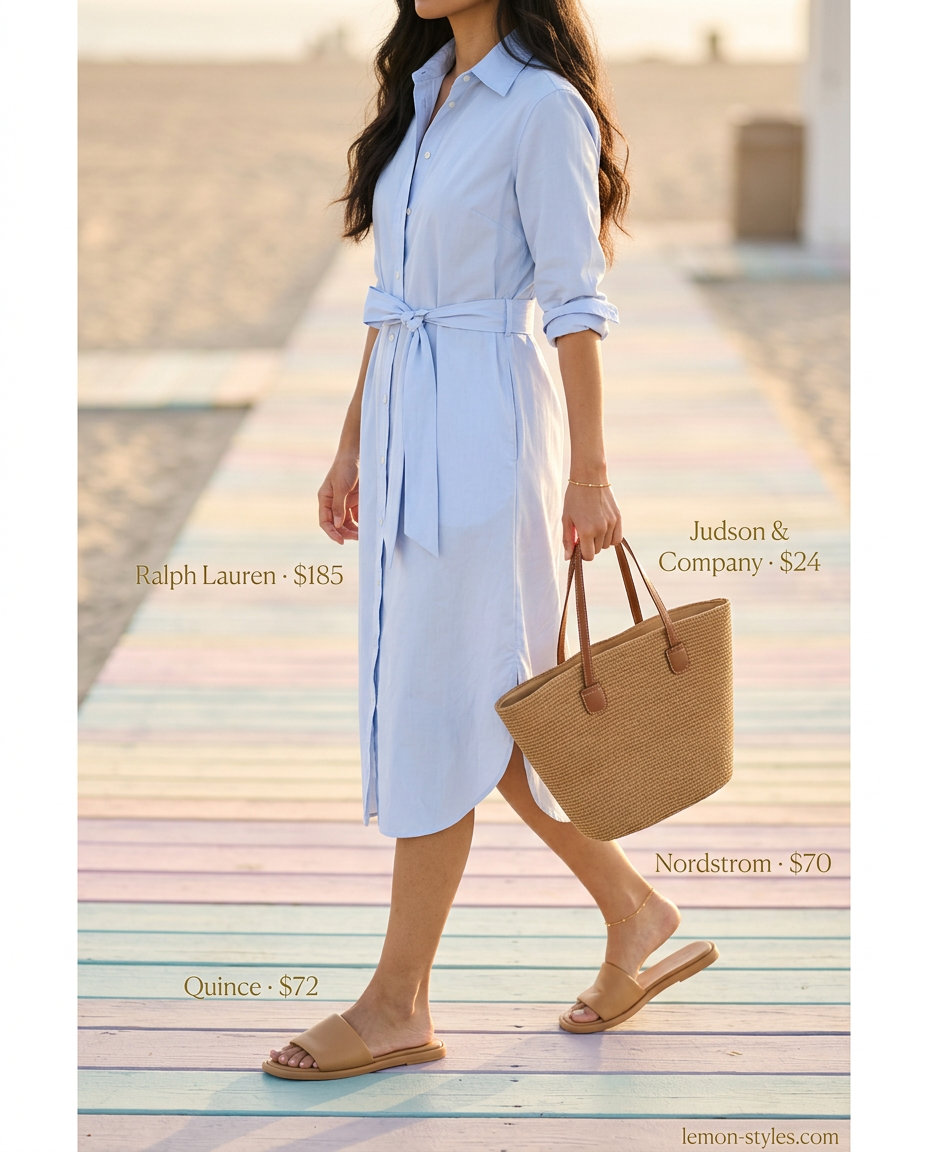 Coastal light blue shirt dress outfit 2026 with slide sandals, straw tote, and gold bracelet.