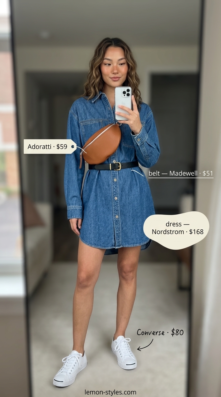 Denim shirt dress outfit for casual summer 2026 day out with white sneakers and tan belt bag.