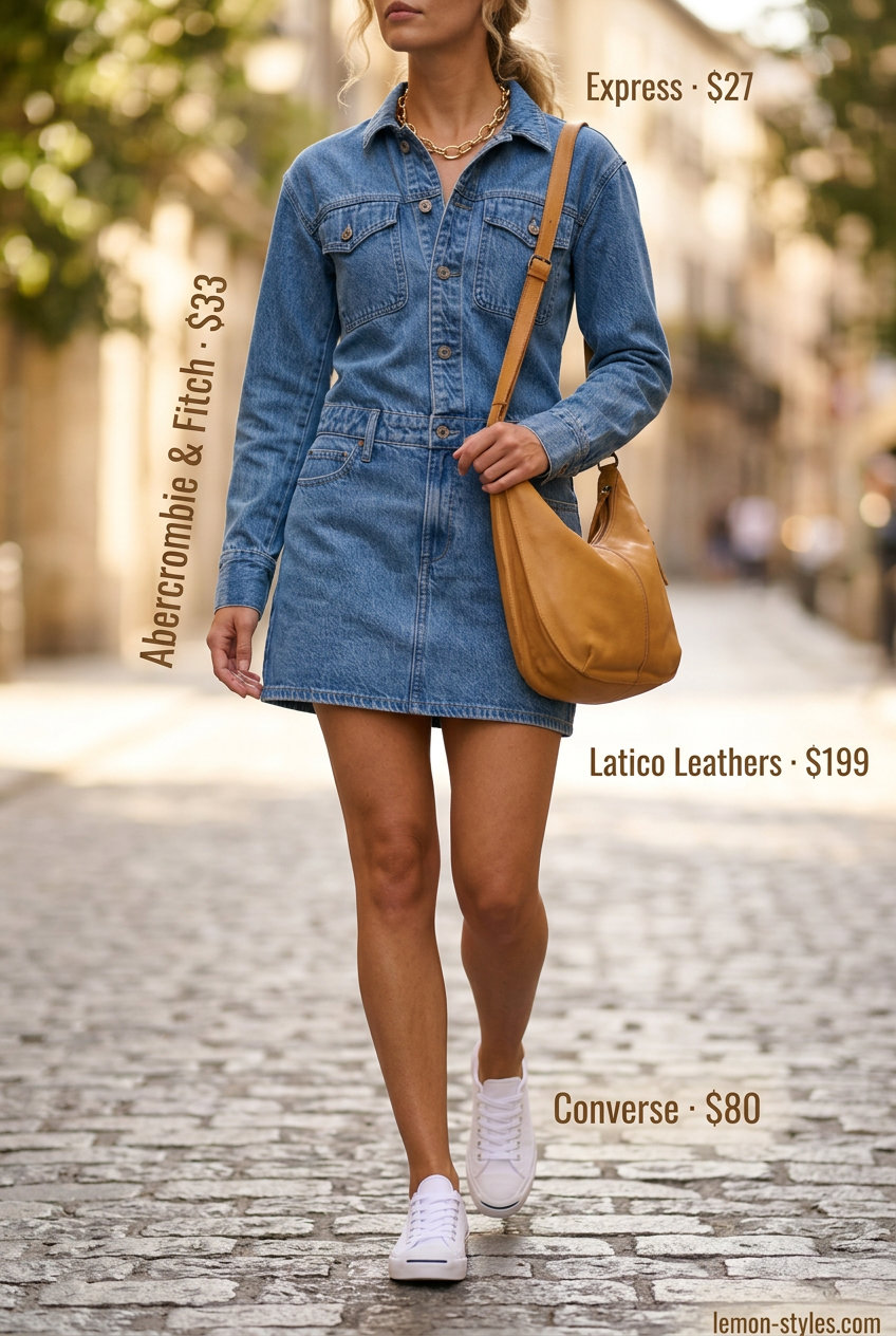 Casual denim shirt dress outfit 2026 with white sneakers, crossbody bag, and chunky gold necklace.
