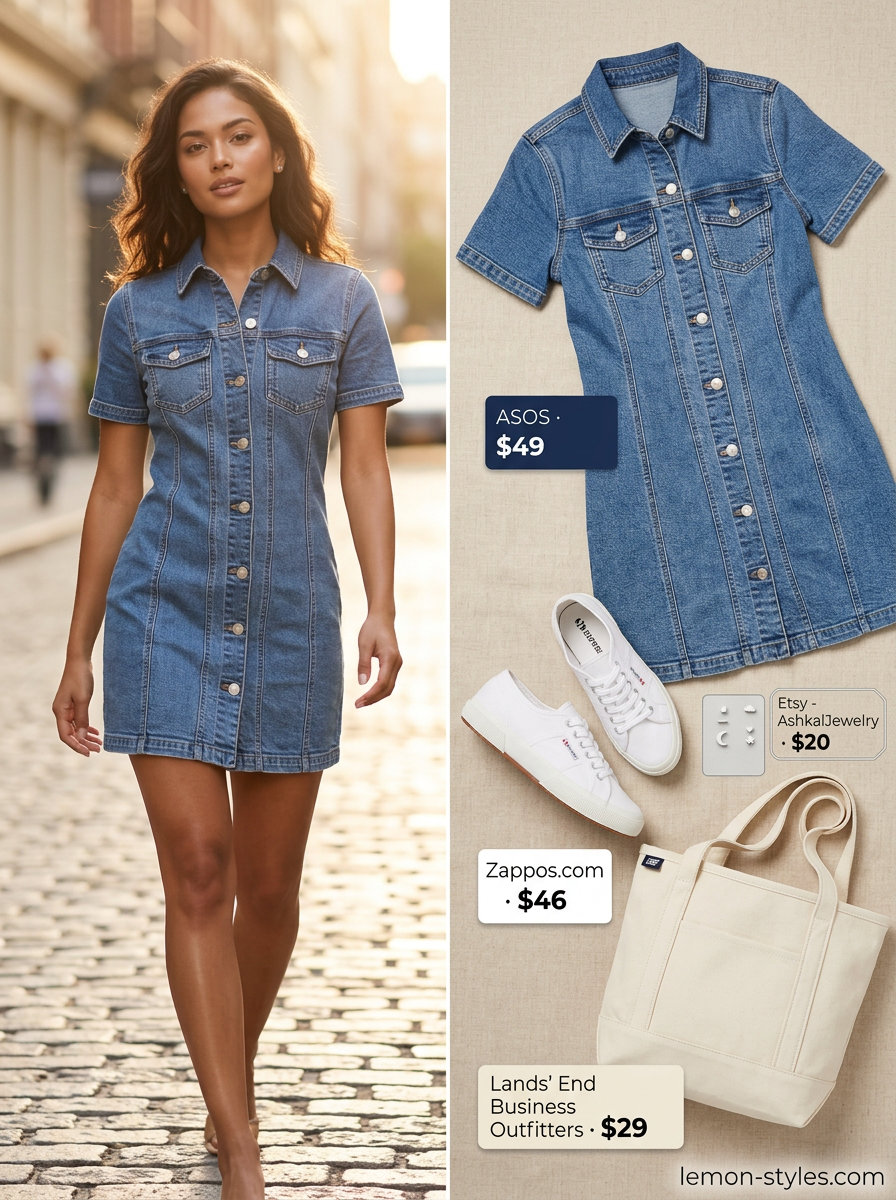 Casual denim shirt dress outfit: white sneakers, canvas tote, silver studs. What to wear with shirt dress summer 2026.