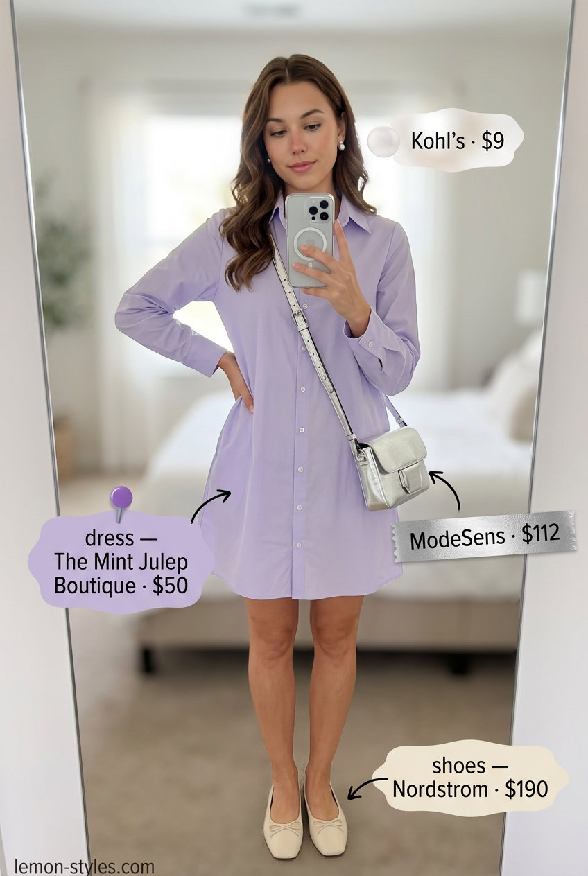 Lavender shirt dress outfit for summer 2026 garden party with ballet flats and silver bag.