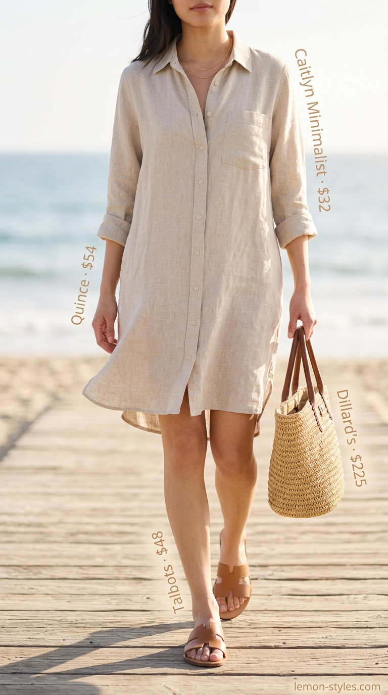 Linen shirt dress outfit for summer 2026 casual day with tan slides and straw tote.