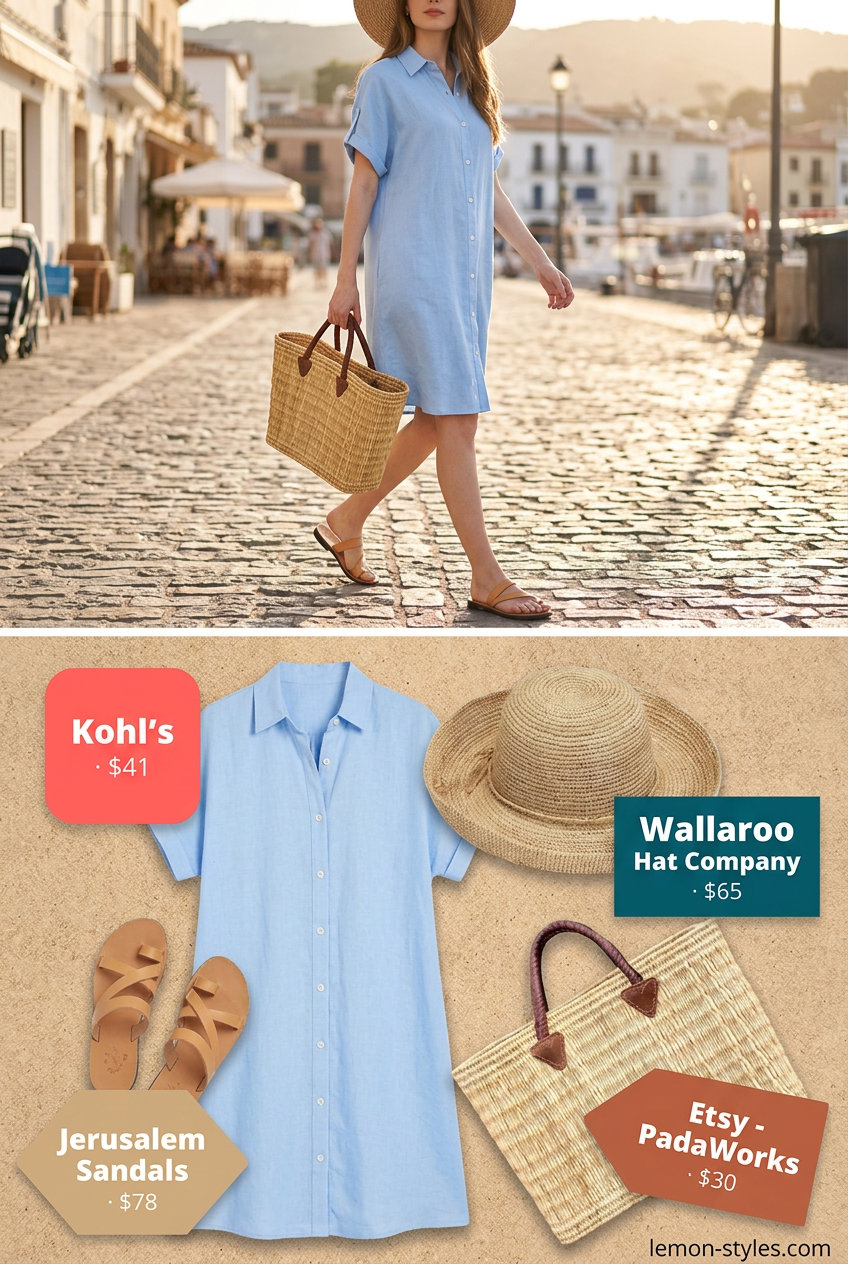 Seaside sky blue linen shirt dress outfit 2026 with slide sandals, straw hat, and oversized tote.