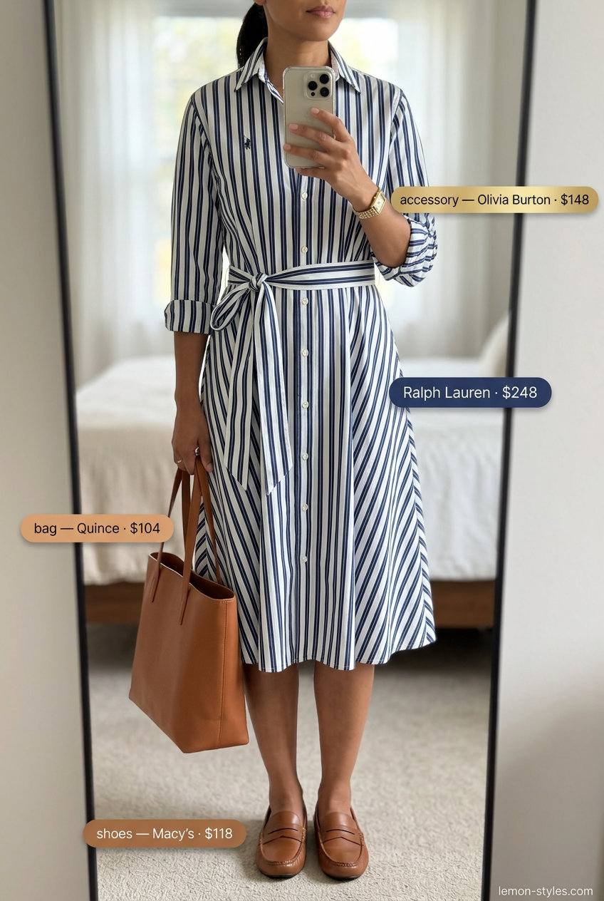 Navy stripe shirt dress outfit for summer 2026 weekend getaway with loafers and tote bag.