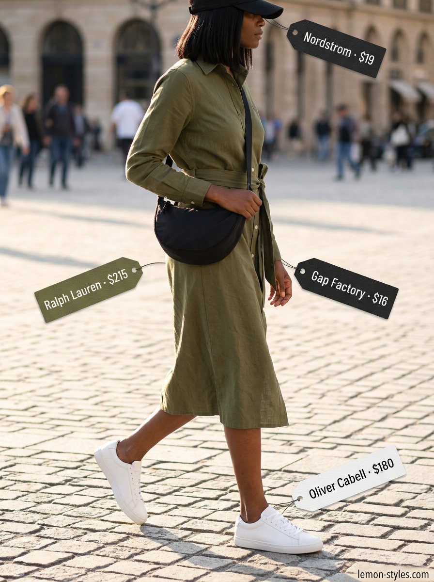 Olive green linen shirt dress outfit for summer 2026 city exploration with sneakers and cap.