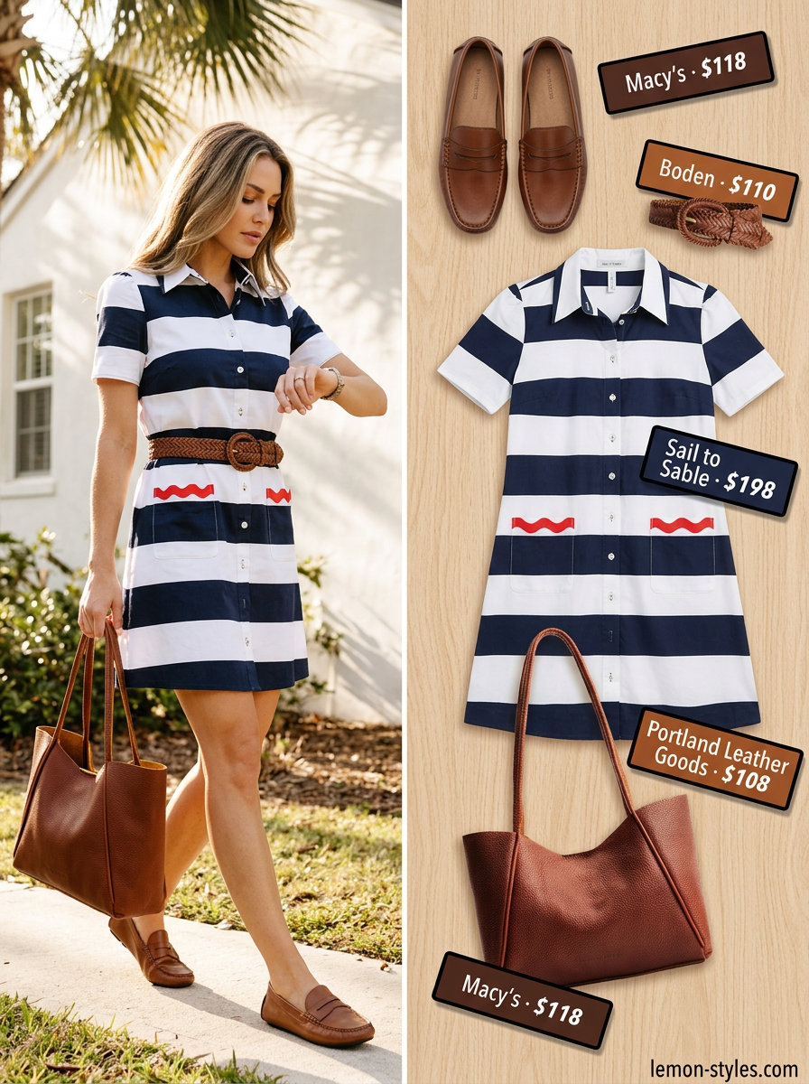 Preppy navy stripe shirt dress outfit 2026 with loafers, structured tote, and woven belt.