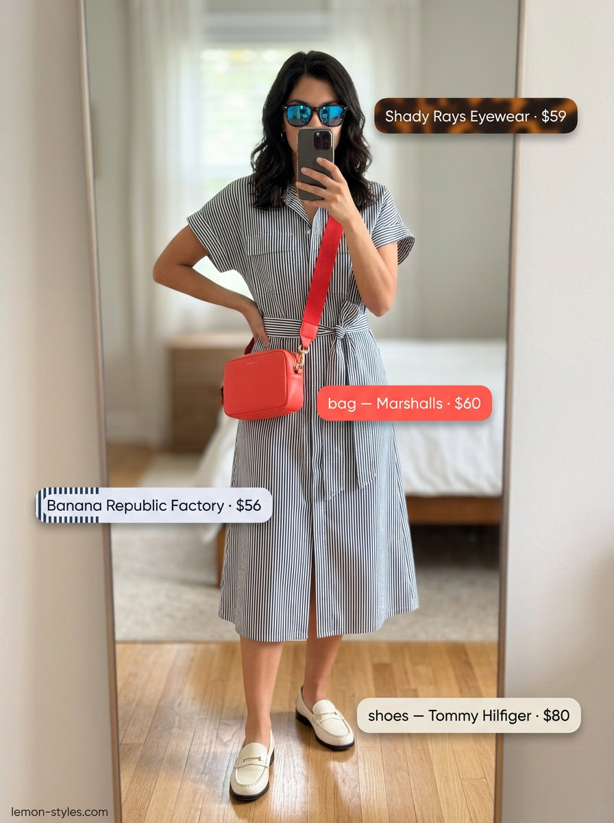 Preppy navy and white striped shirt dress outfit: white loafers, red bag, tortoise sunglasses. What to wear with shirt dress summer 2026.