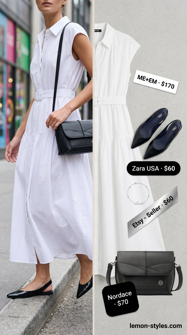 Chic white shirt dress outfit for city exploration: black crossbody, silver bracelet, black flats. What to wear with shirt dress summer 2026.