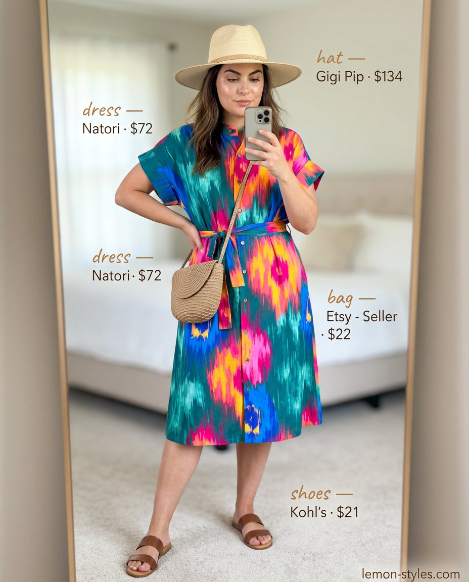 Vacation floral shirt dress outfit 2026 with slide sandals, straw hat, and straw crossbody bag.