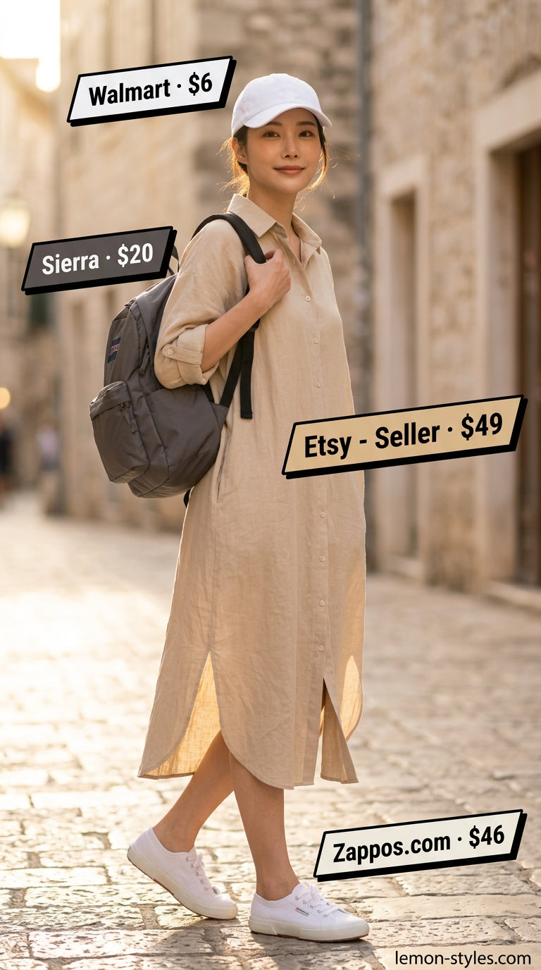 Weekend Retreat shirt dress outfit: beige shirt dress, white cap, grey backpack. What to wear with shirt dress summer 2026.