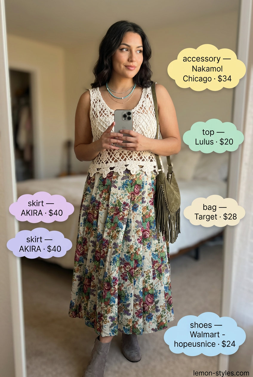 Bohemian festival outfit: jewel tone maxi skirt, cream crochet top, suede boots. What to wear with tennis skirt summer 2026.