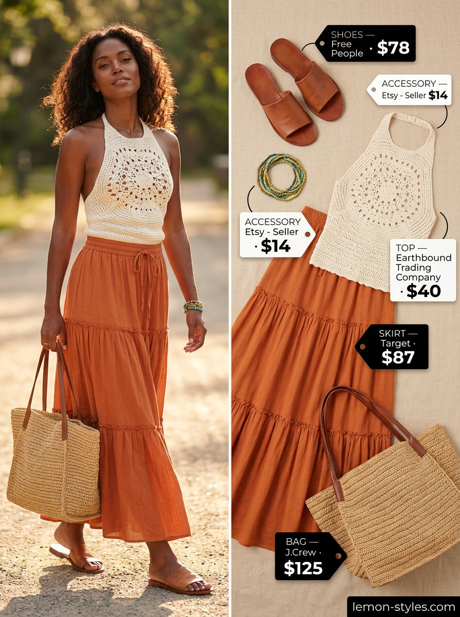 Boho beach babe outfit with terracotta tiered maxi skirt, cream crochet top, and straw tote. What to wear with tennis skirt summer 2026.