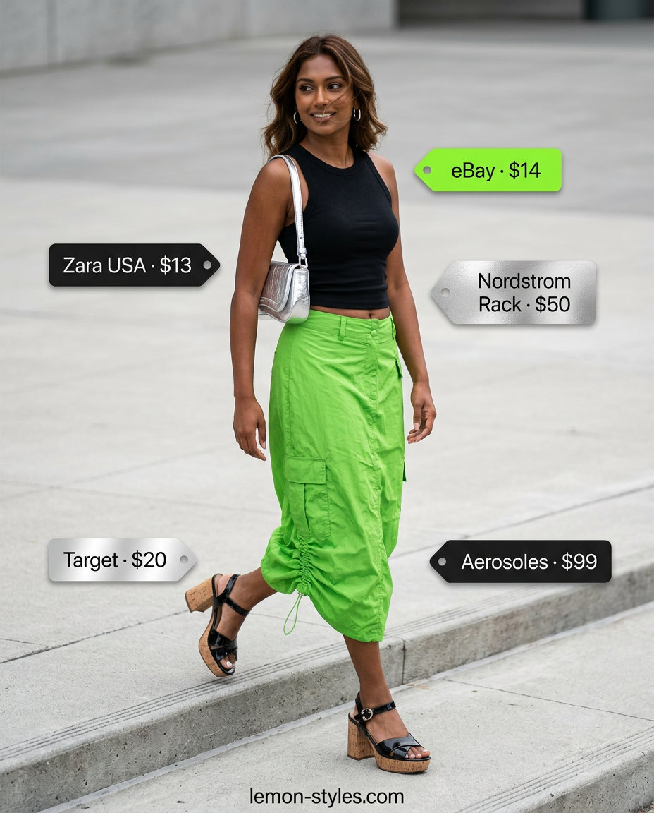 What to Wear with Tennis Skirt Summer 2026: Lime green cargo skirt, black tank, silver bag, and platform sandals for a bold look.