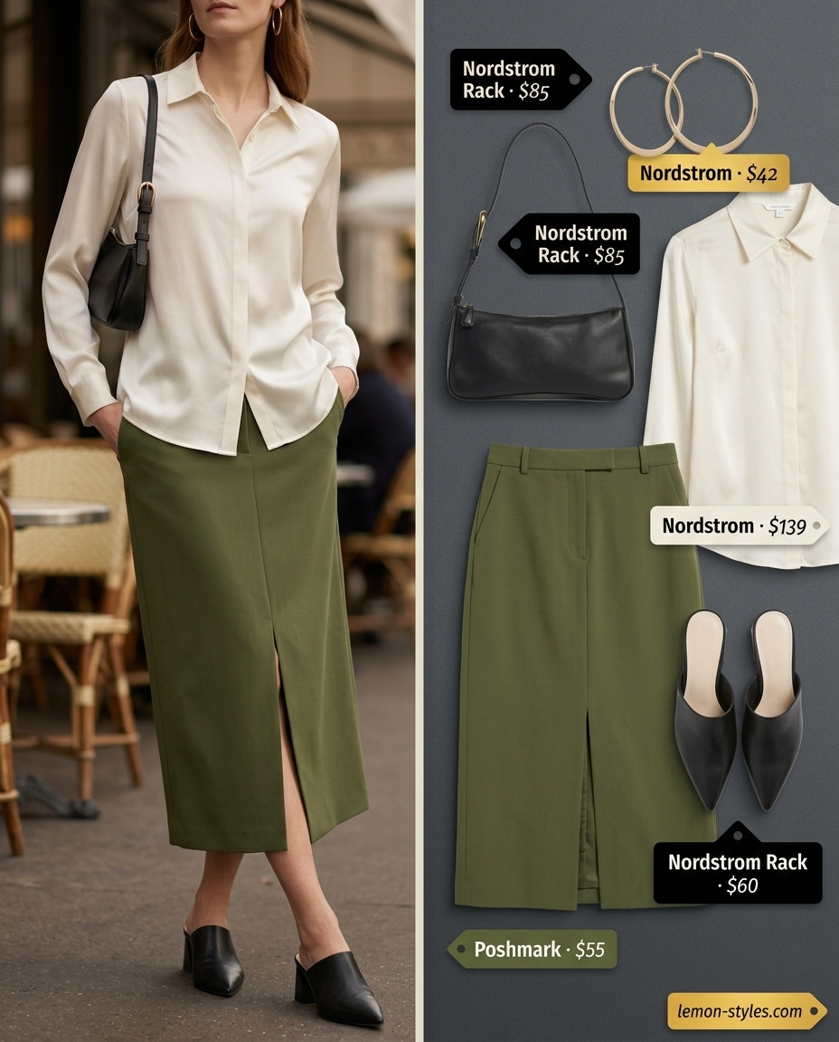 What to Wear with Tennis Skirt Summer 2026: Olive A-line skirt, cream silk shirt, black mules, and shoulder bag for city chic.