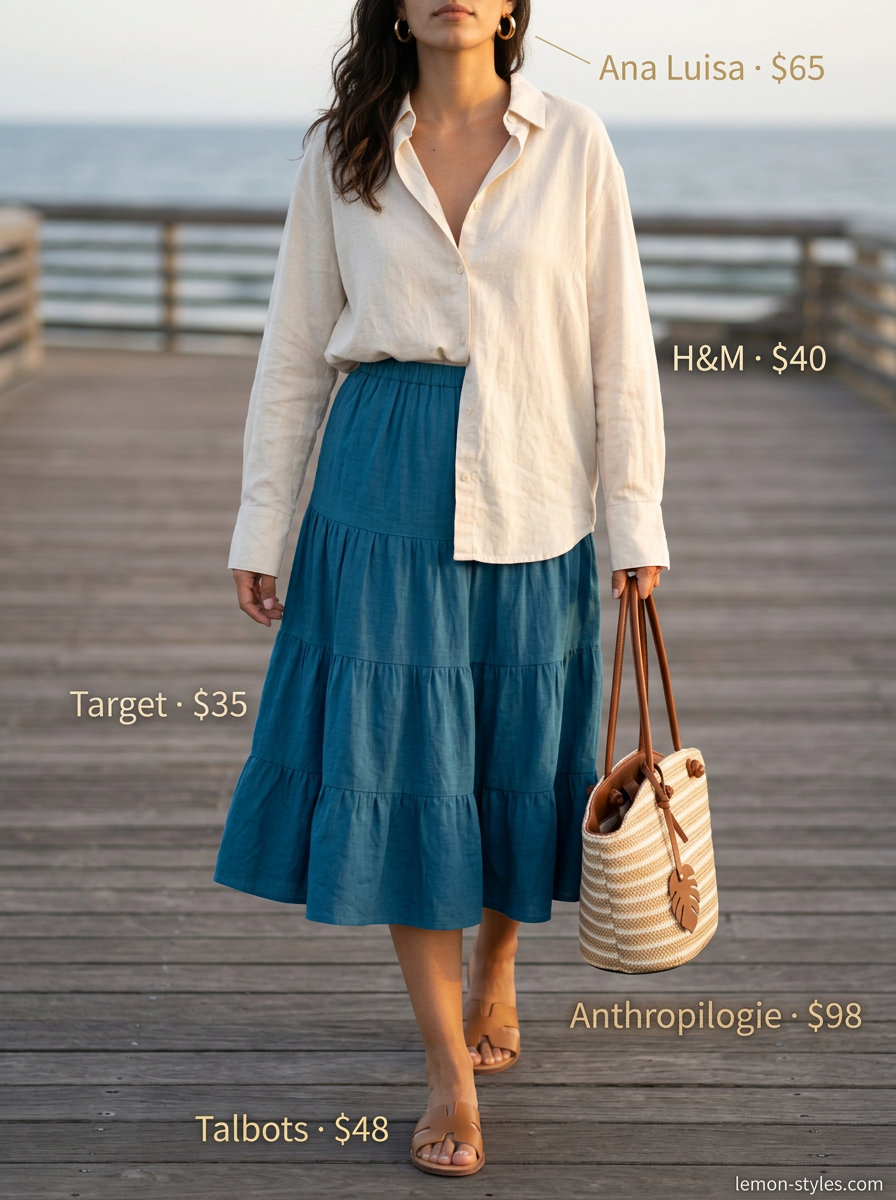 What to Wear with Tennis Skirt Summer 2026: Sky blue linen skirt, cream linen shirt, raffia bag for a relaxed coastal look.