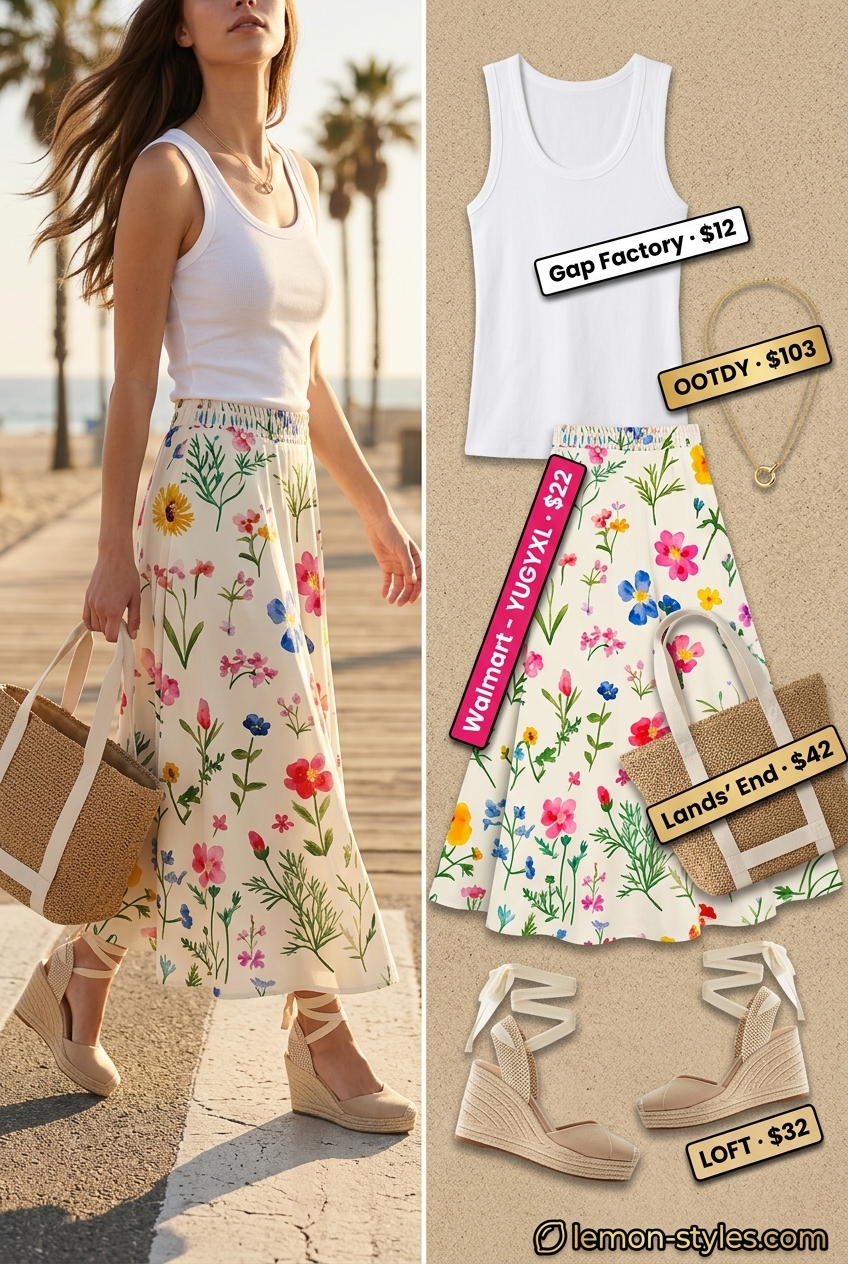 What to Wear with Tennis Skirt Summer 2026: Pastel floral maxi skirt, white tank, espadrilles, and straw tote for a coastal look.