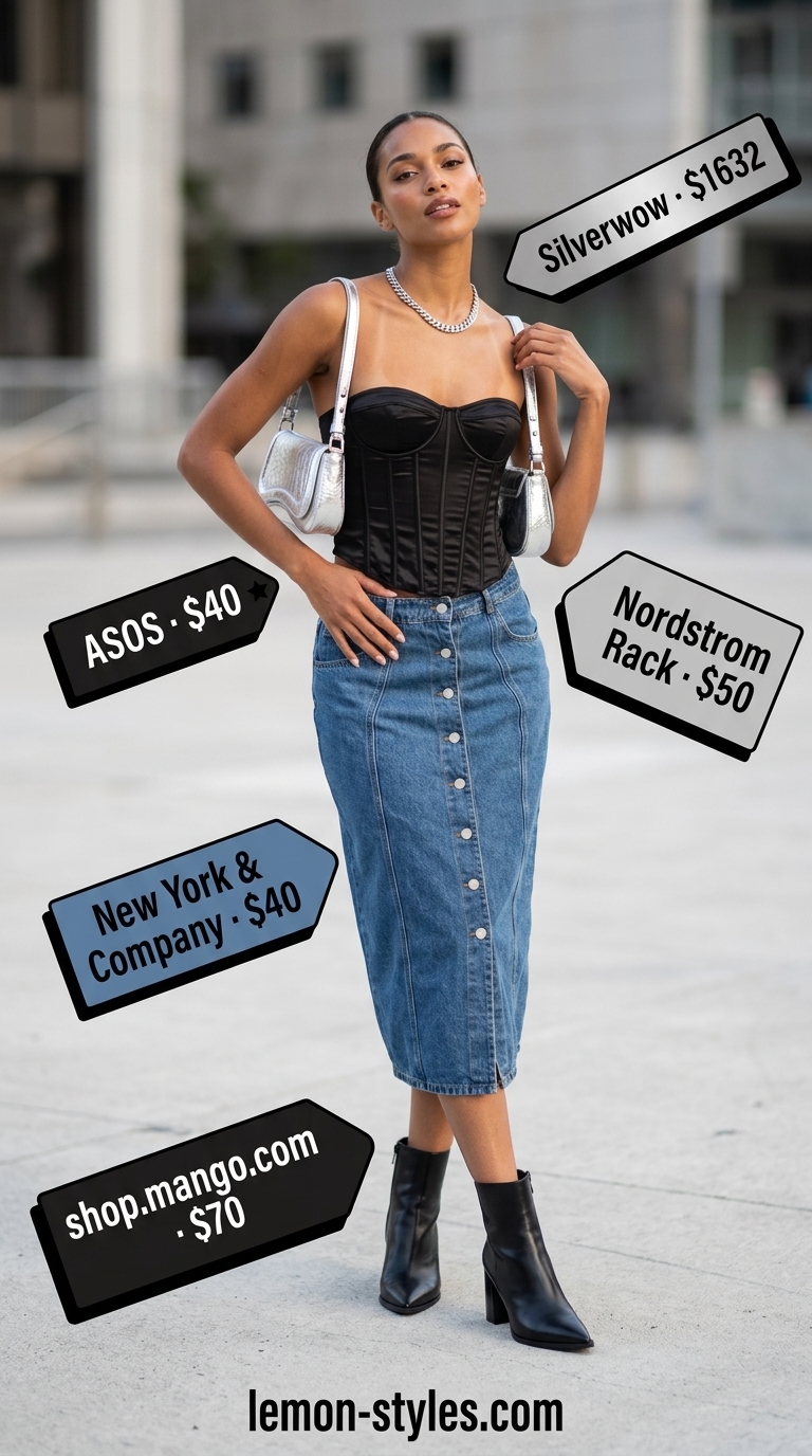 What to Wear with Tennis Skirt Summer 2026: Denim midi skirt, black corset top, silver necklace, and ankle boots for a night out.