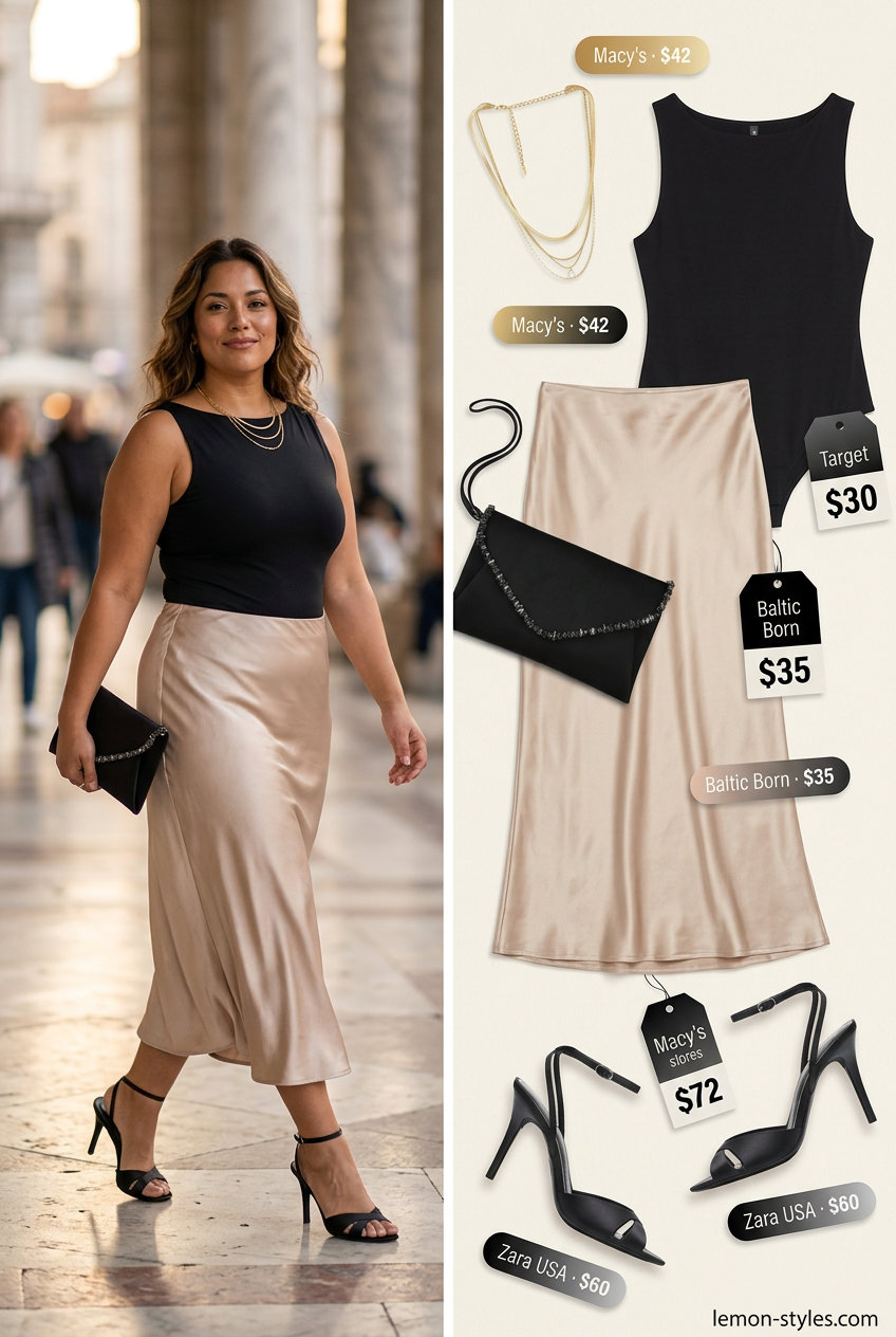 What to Wear with Tennis Skirt Summer 2026: Gold satin midi skirt, black bodysuit, gold jewelry for an elegant evening out.