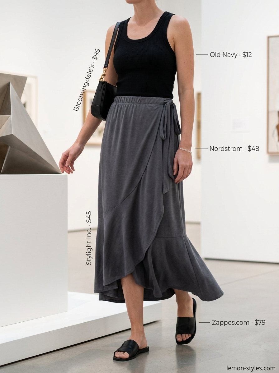 Understated brunch outfit: charcoal grey wrap skirt, black sleeveless top, leather sandals. What to wear with tennis skirt summer 2026.