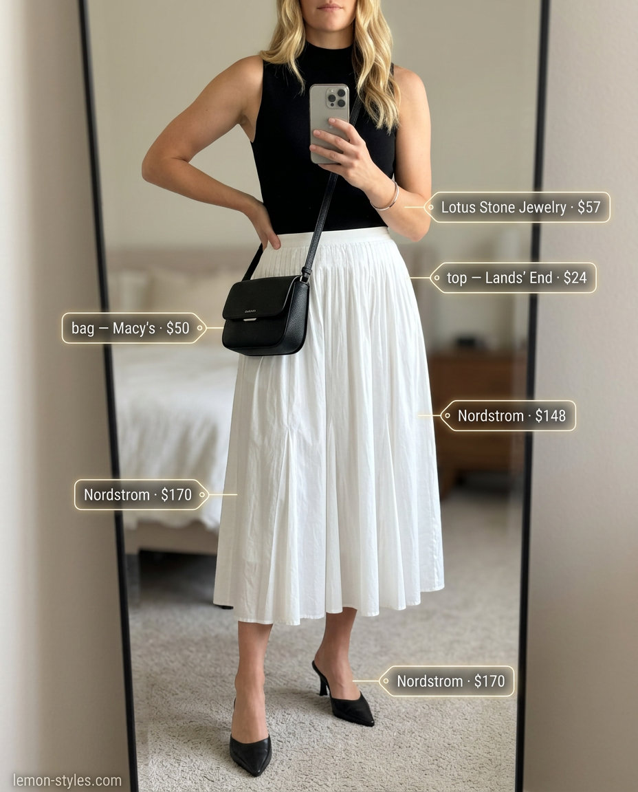 What to Wear with Tennis Skirt Summer 2026: White pleated midi skirt, black mock-neck top, mules for a minimalist look.