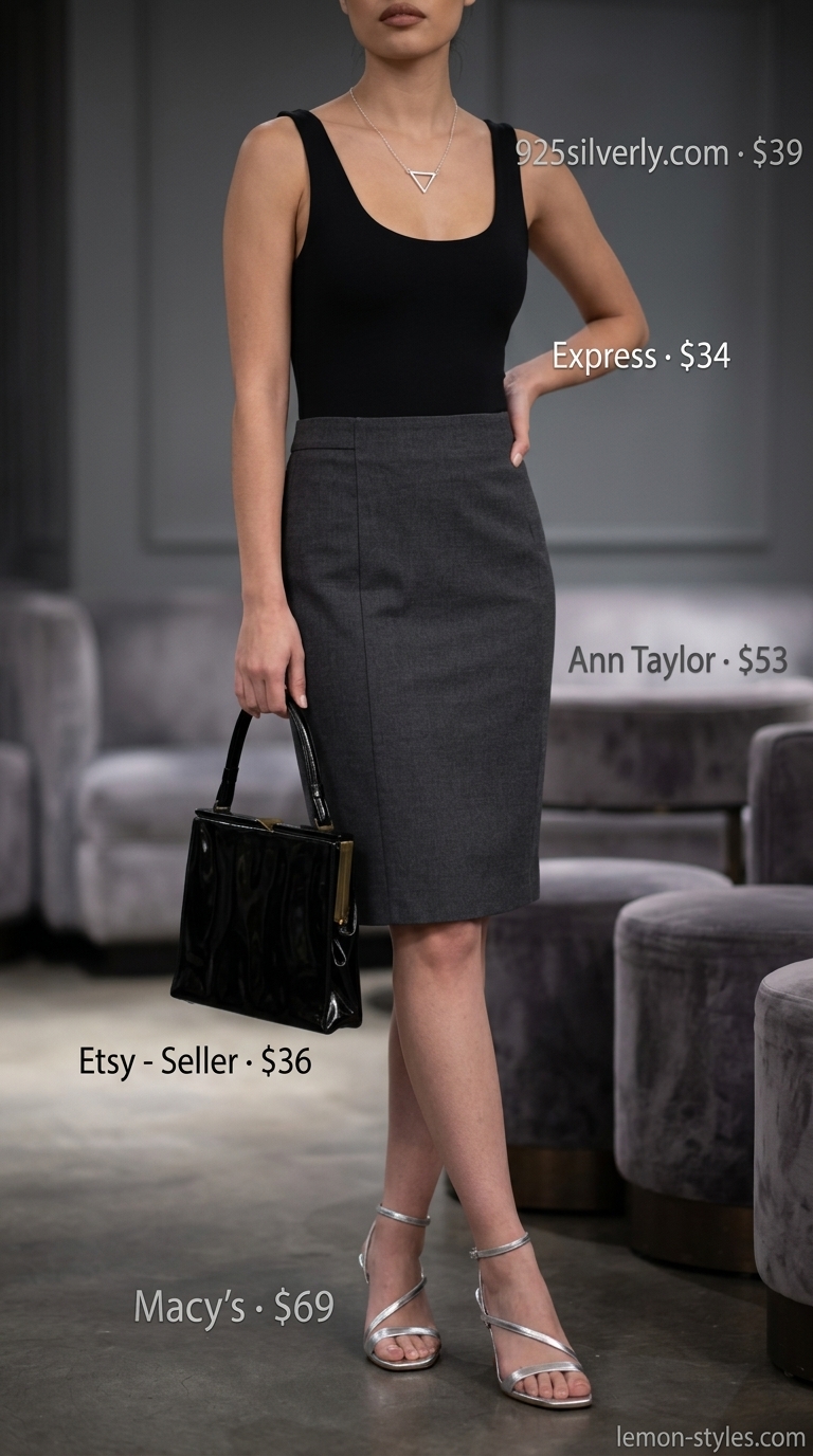Modern minimalist office outfit: charcoal grey pencil skirt, black bodysuit, silver heels. What to wear with tennis skirt summer 2026.