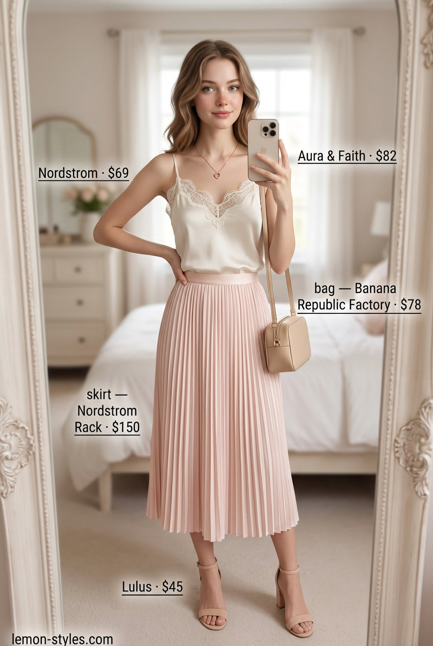 Modern romantic date night look: blush pink pleated skirt, cream lace cami, nude heels. What to wear with tennis skirt summer 2026.