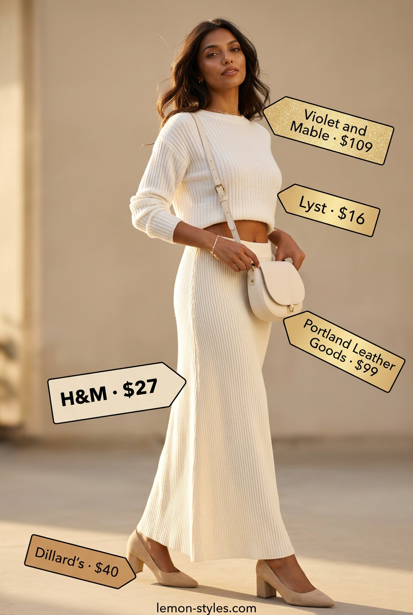 What to Wear with Tennis Skirt Summer 2026: Cream knit skirt, matching sweater, suede pumps, and leather bag for a chic look.