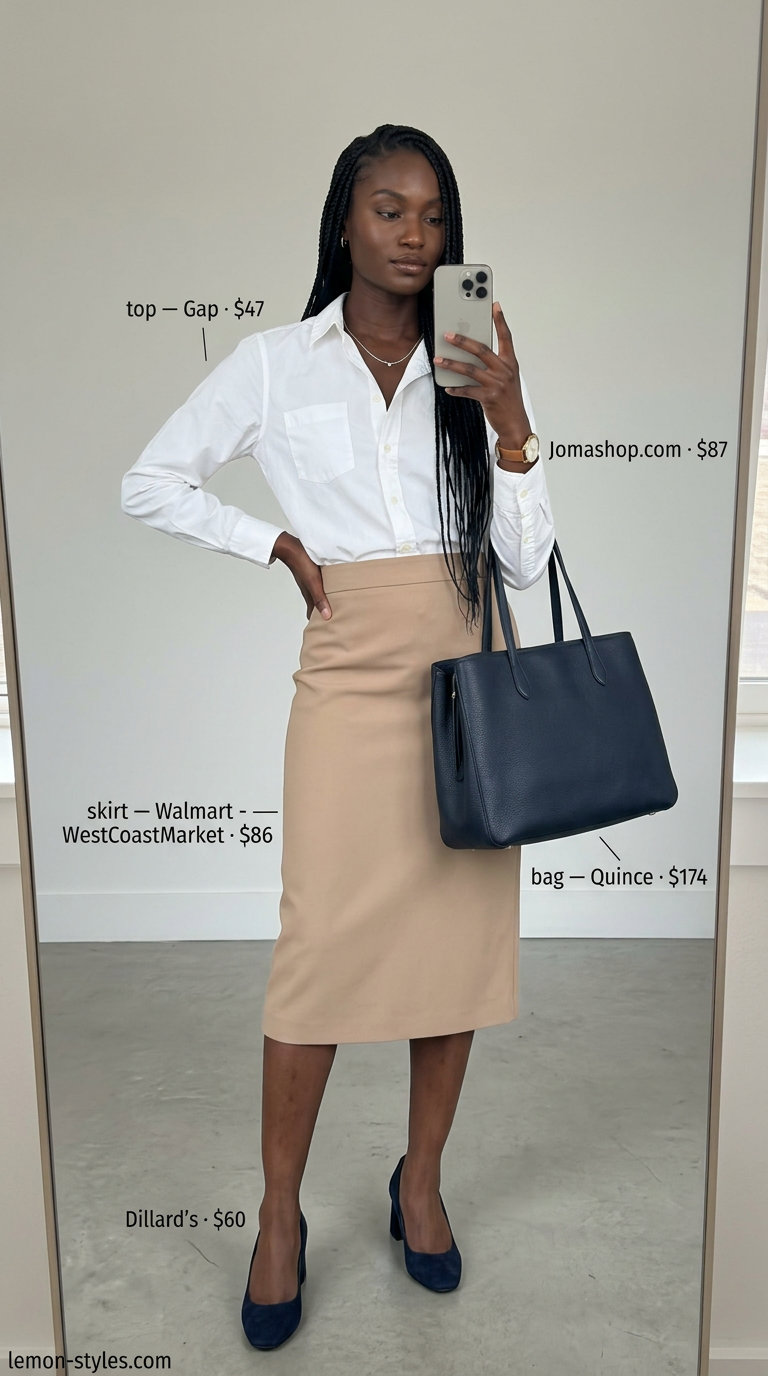 What to Wear with Tennis Skirt Summer 2026: Beige pencil skirt, white shirt, navy pumps, and tote for office wear.