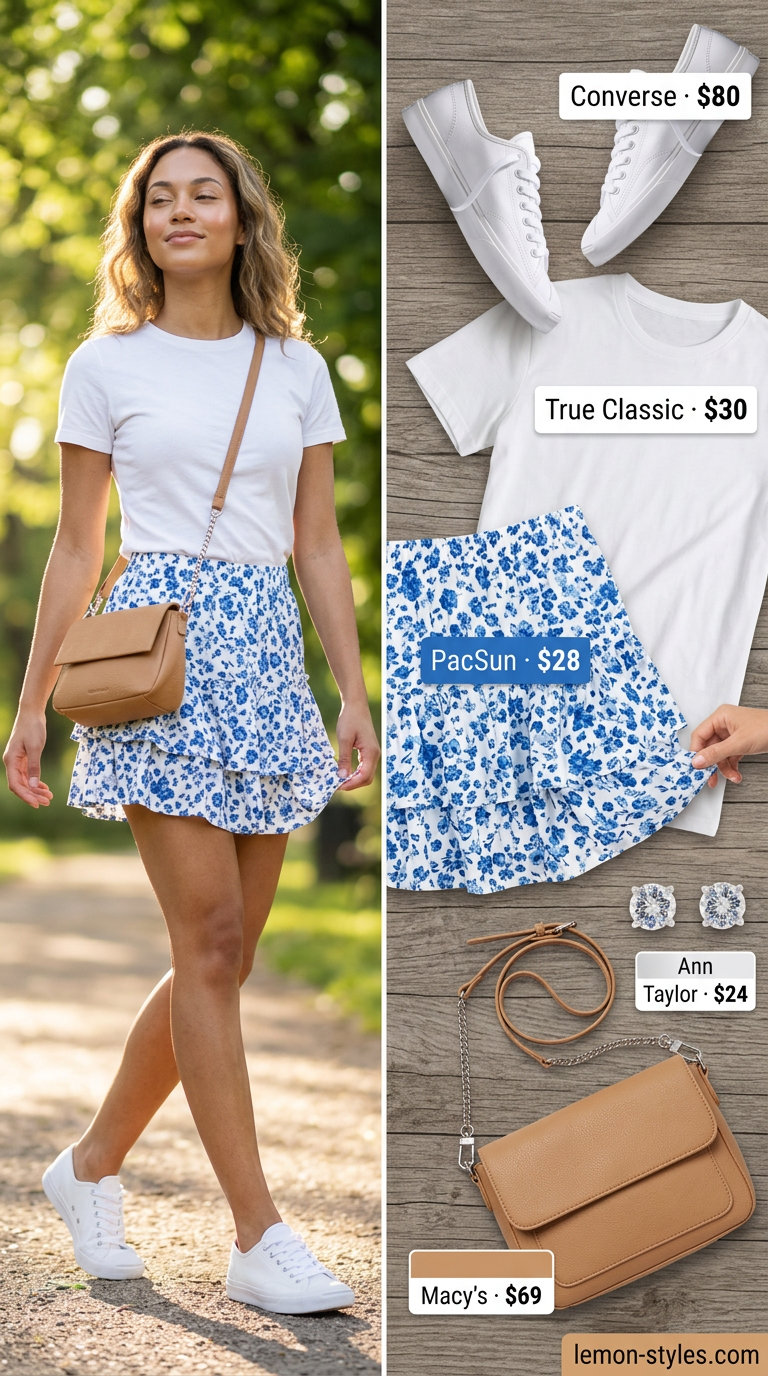 What to Wear with Tennis Skirt Summer 2026: Blue floral mini skirt, white tee, canvas sneakers for a playful park picnic.