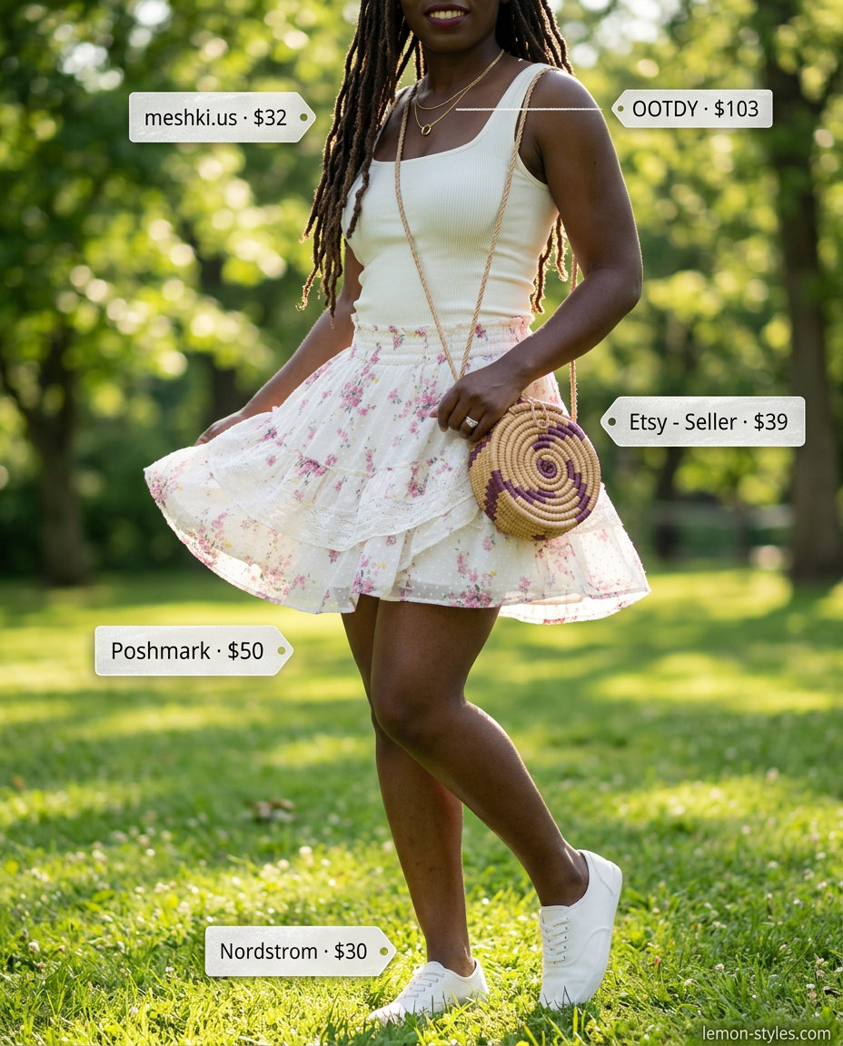 What to Wear with Tennis Skirt Summer 2026: Pink floral mini skirt, white tank, sneakers, and straw bag for a park picnic.