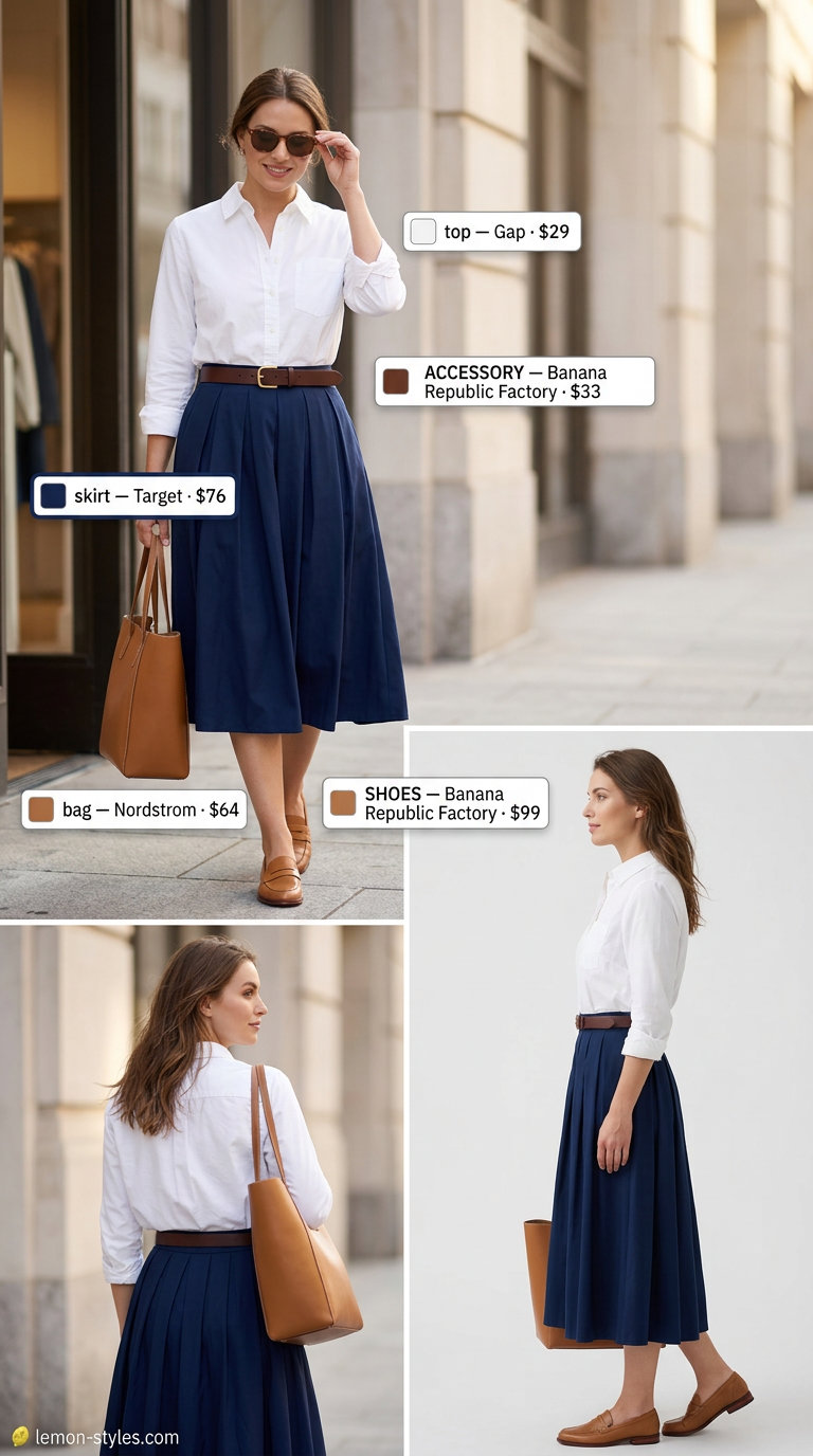 What to Wear with Tennis Skirt Summer 2026: Navy pleated midi skirt, white button-down, loafers for a preppy summer look.