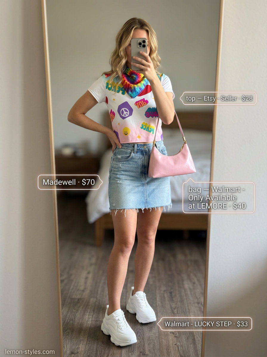 What to Wear with Tennis Skirt Summer 2026: Denim mini skirt, graphic tee, platform sneakers for a fun retro look.