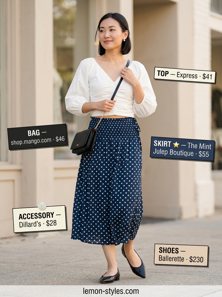What to Wear with Tennis Skirt Summer 2026: Navy polka dot midi skirt, ivory puff-sleeve blouse, ballet flats for a retro look.