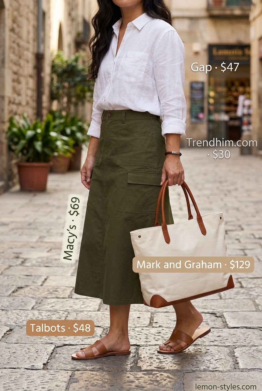 What to Wear with Tennis Skirt Summer 2026: Khaki utility skirt, white linen shirt, and tan slides for a safari chic casual look.