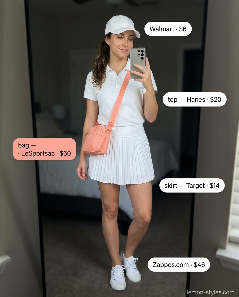 Sporty chic tennis outfit: white pleated skirt, navy polo, coral crossbody bag. What to wear with tennis skirt summer 2026.