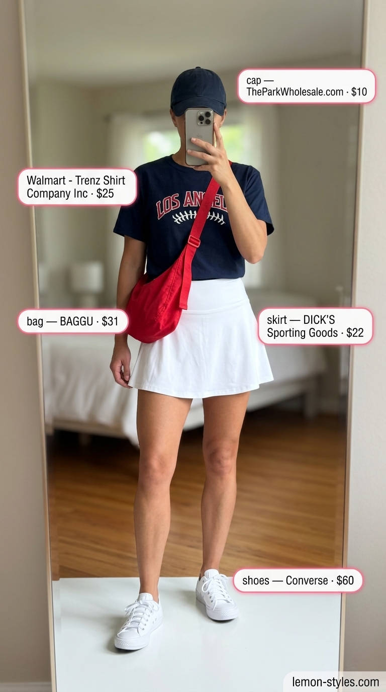 Sporty summer fun outfit: white athletic skirt, navy graphic tee, red belt bag. What to wear with tennis skirt summer 2026.